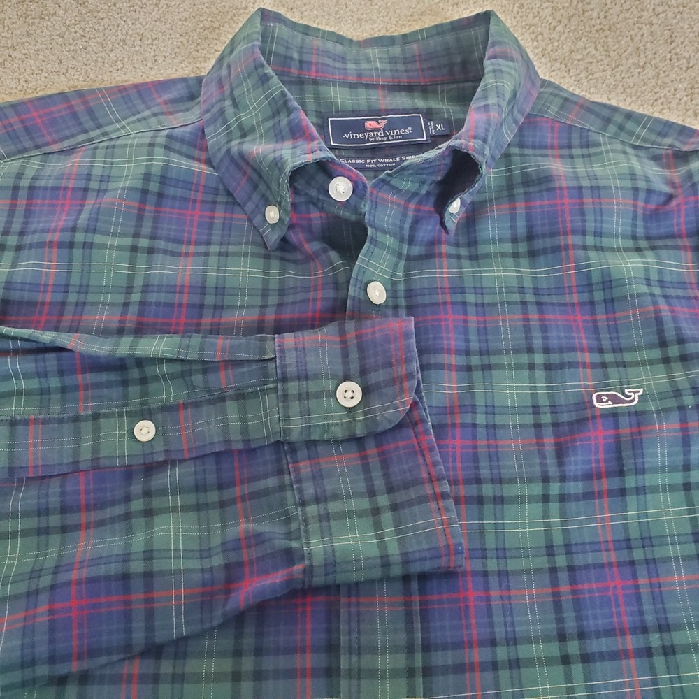 Vineyard Vines Whale‎ Button Down Shirt Size XL Blue Green Plaid Long Sleeve